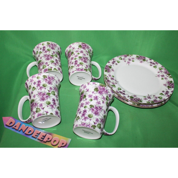 8 Piece Violets Purple Floral Grace's Teaware 4 Mugs 4 Plates Tea Coffee Serving - Picture 7 of 13